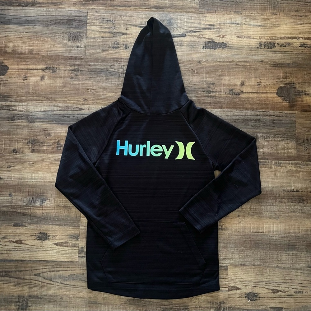 Hurley Boys Black Hooded Long Sleeve T-Shirt Black Neon Logo Size Medium (10/12)